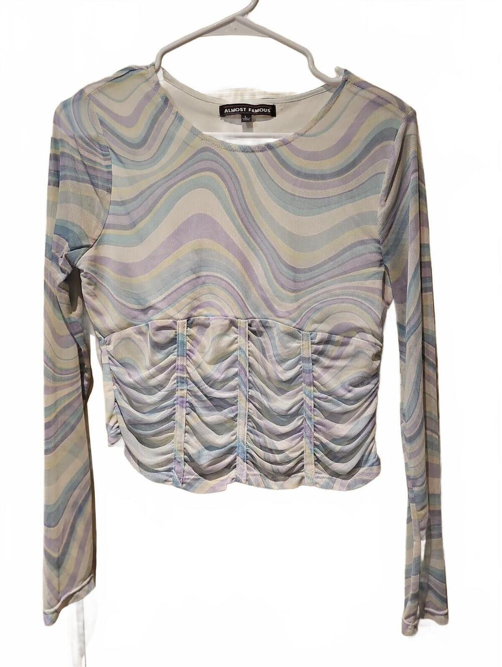 Almost Famous Multicolored pastel ruched Long Sleeve Crop Top Size L
